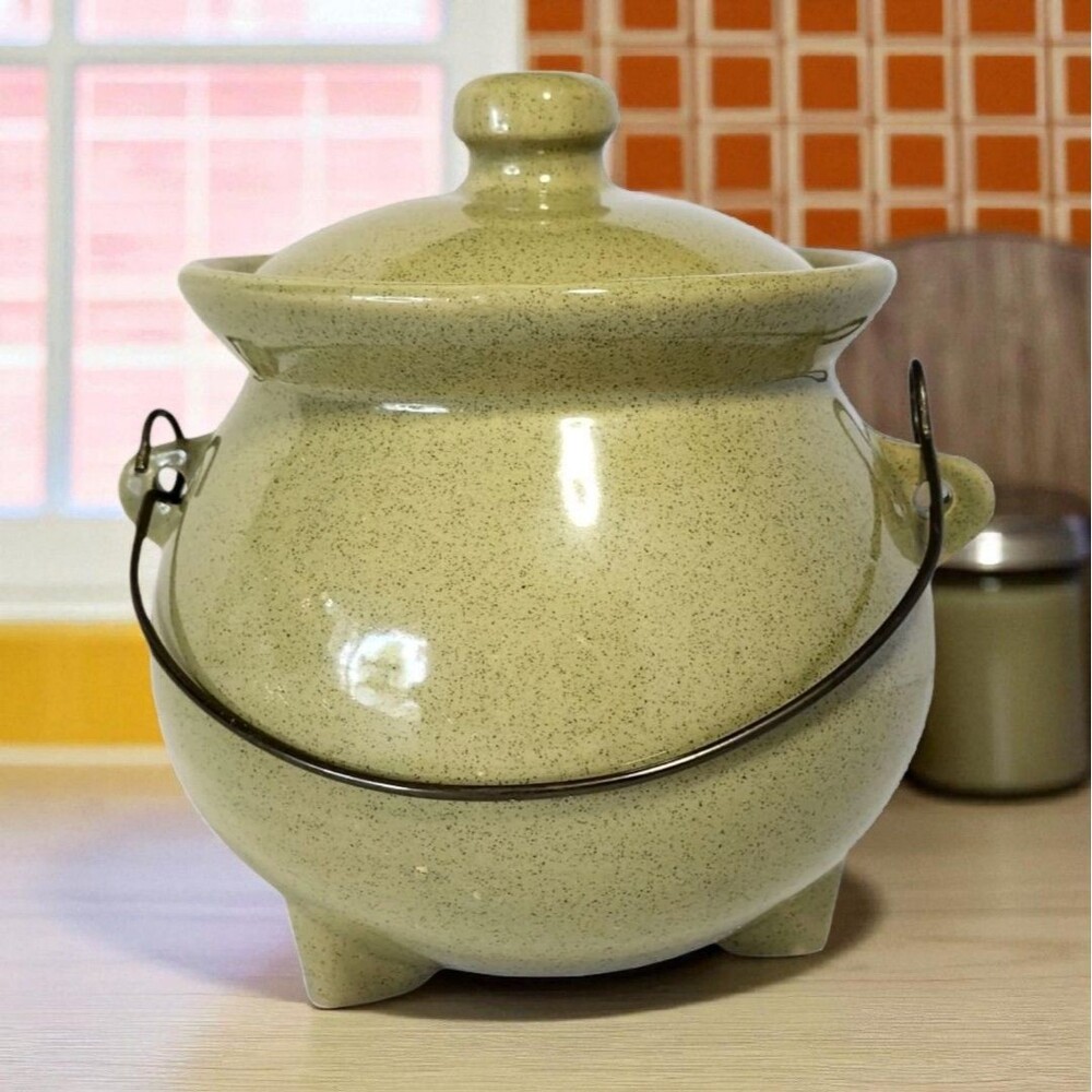 Vintage Hull McCoy Green Speckled Bean Pot Cauldron Kettle w/ Lid & Wire Handle